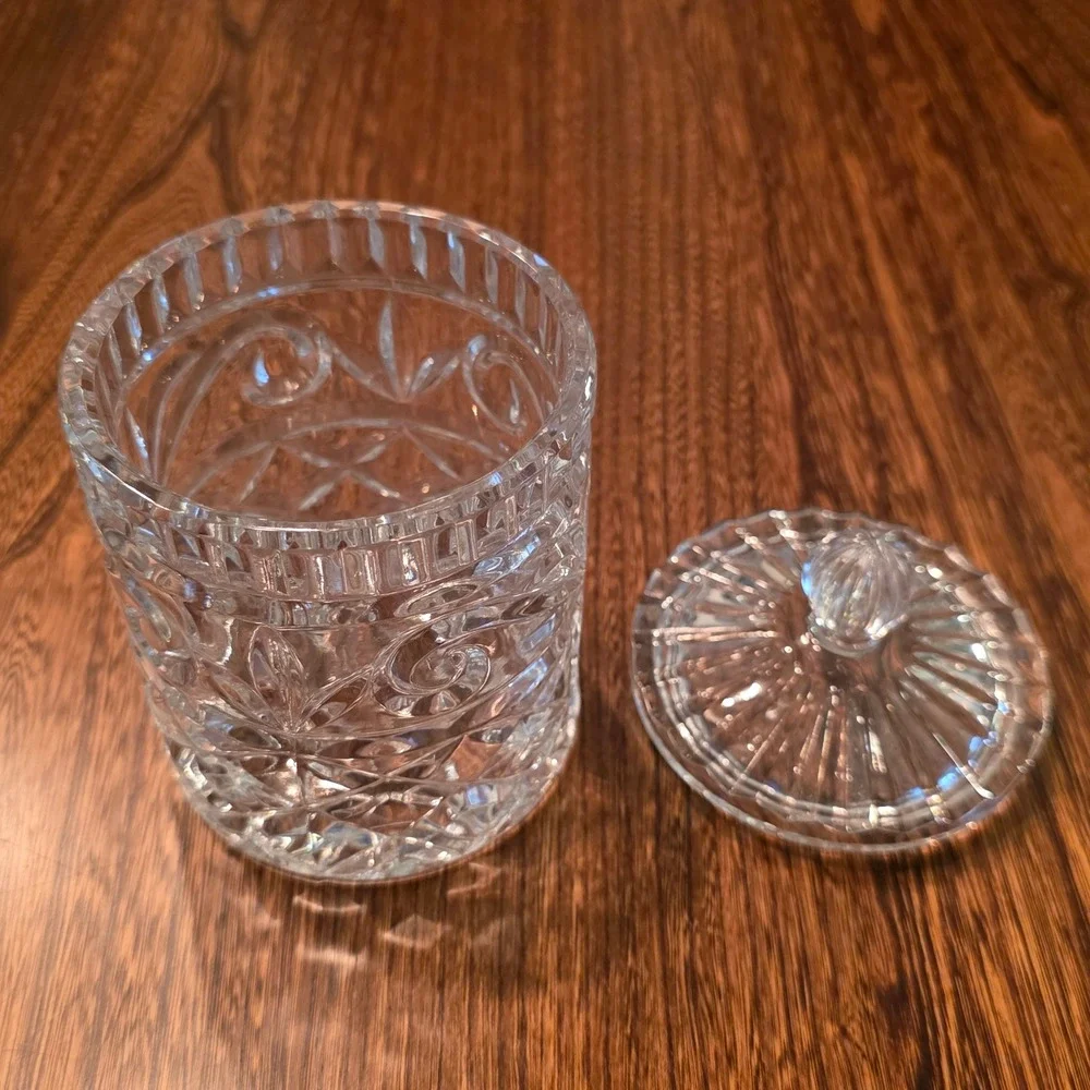Vintage Cut Lead Crystal Biscuit Barrel Candy Jar Lid Clear Glass Fifth Ave